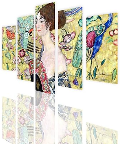 Alonline Art - Lady עם מעריץ 5 חלקים מאת גוסטב קלימט | מסגרים מתוחים ממוסגרים על מסגרת מוכנה לתלייה - כותנה - גלריה עטופה | 42 x28 - 107x71 סמ | 5 פאנלים מפוצלים | יצירות אמנות של Giclee HD